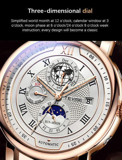 LIGE TW8820 Quality Luxurious Mechanical Leather Belt Watch Waterproof Mechanical - Moon Phase And Automatic With Box