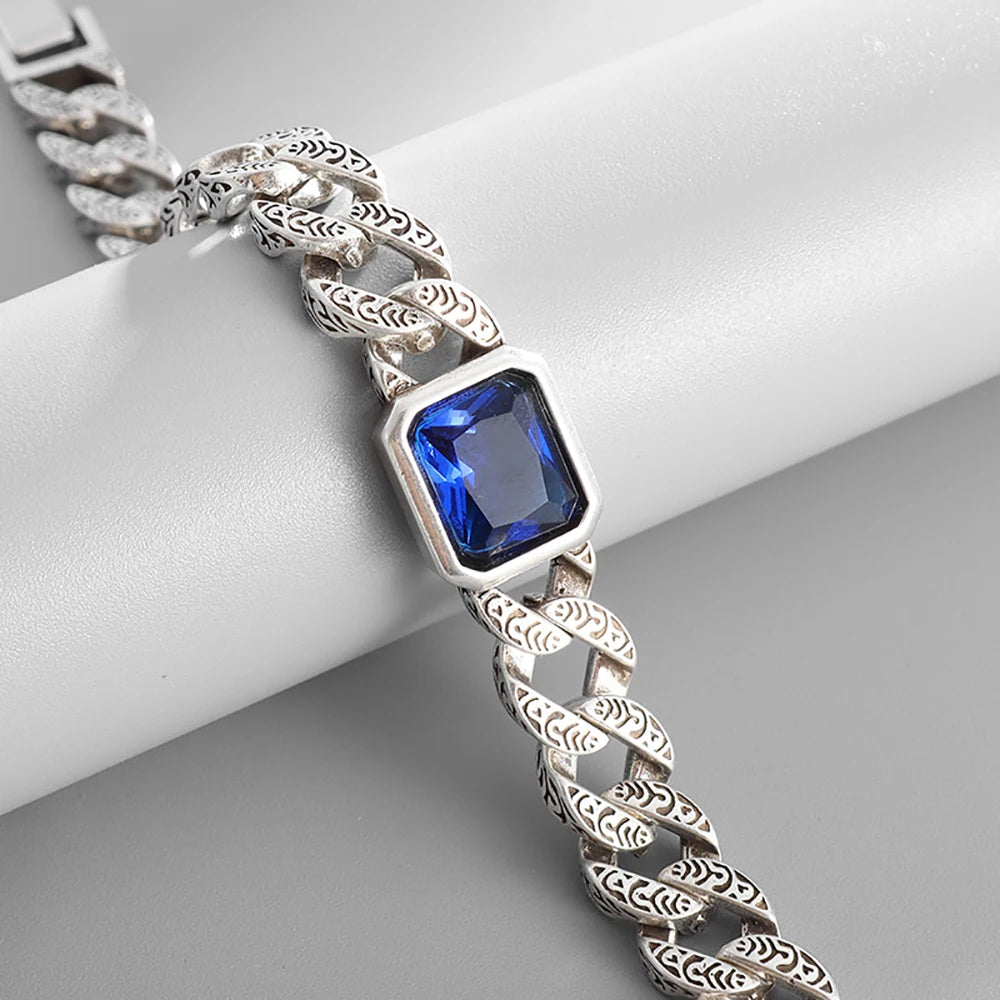 Silver Vintage Cuban Chain Bracelet 18/20/22cm With Sapphire for Men