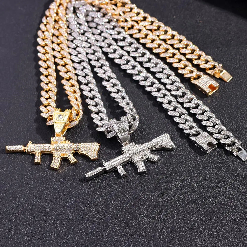 PEZDEMAR Iced Out Crystal M16 Gun Pendant With Chain Or Cuban Necklace