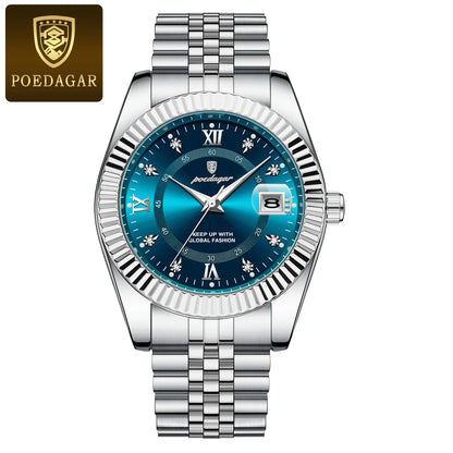 POEDAGAR Luxury style Stainless Steel Quartz Wrist Watch - Waterproof, Luminous, Date And Box