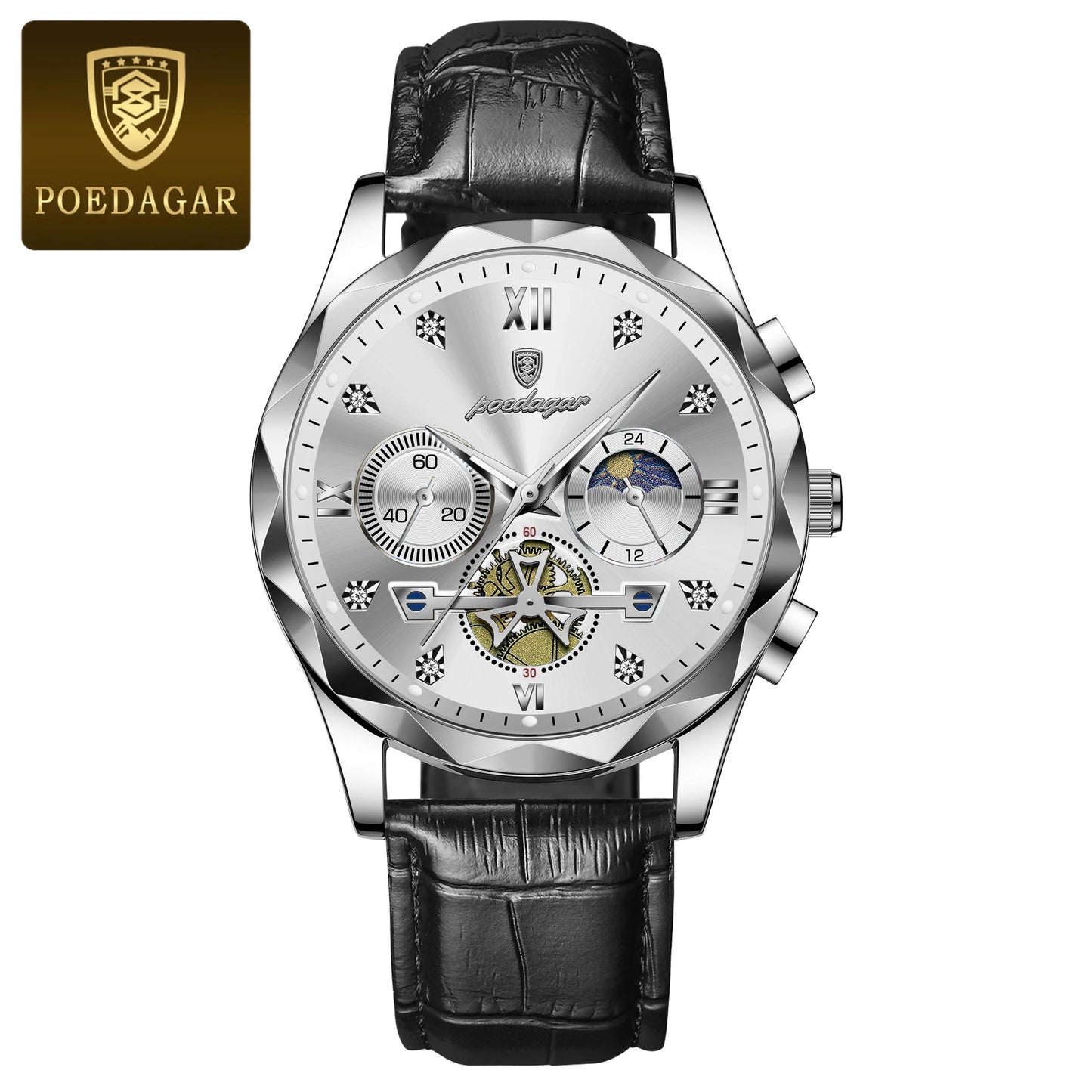 POEDAGAR Quality Luxury Leather band Quartz Chronograph Watch - Waterproof, Luminous, Date And Box