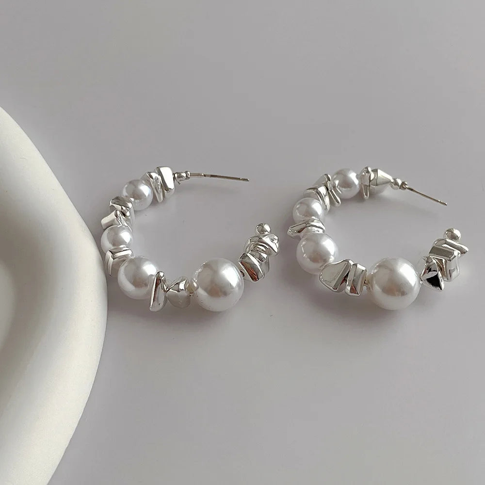 zhenshecai Exquisite C Shape Earrings Irregular Silver Color Beaded & Pearl Semicircular Dangle Earrings