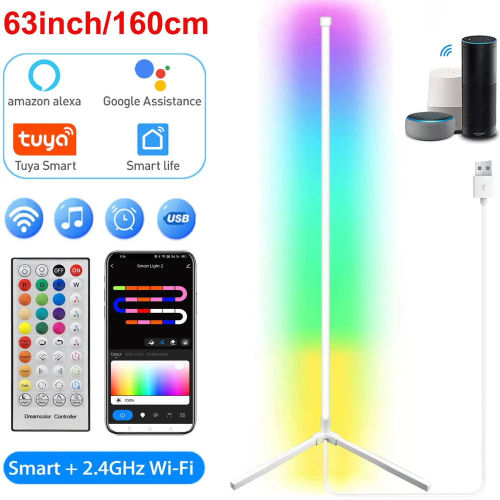 Tuya Smart LED RGB corner Floor Lamp - 160cm, Dimmable RGB and Mood Lighting.