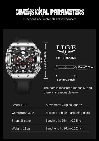 LIGE Quality Luxurious Chronograph Skull watch with Silicone Strap - Luminous, Chronograph, Quartz Clockwork With Box