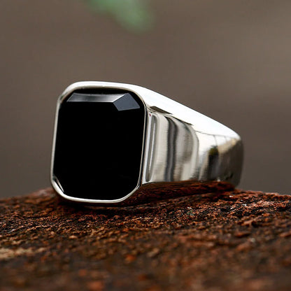 NORTHMAN Simple Stainless Steel Signet With Zircon Black Agate Stone