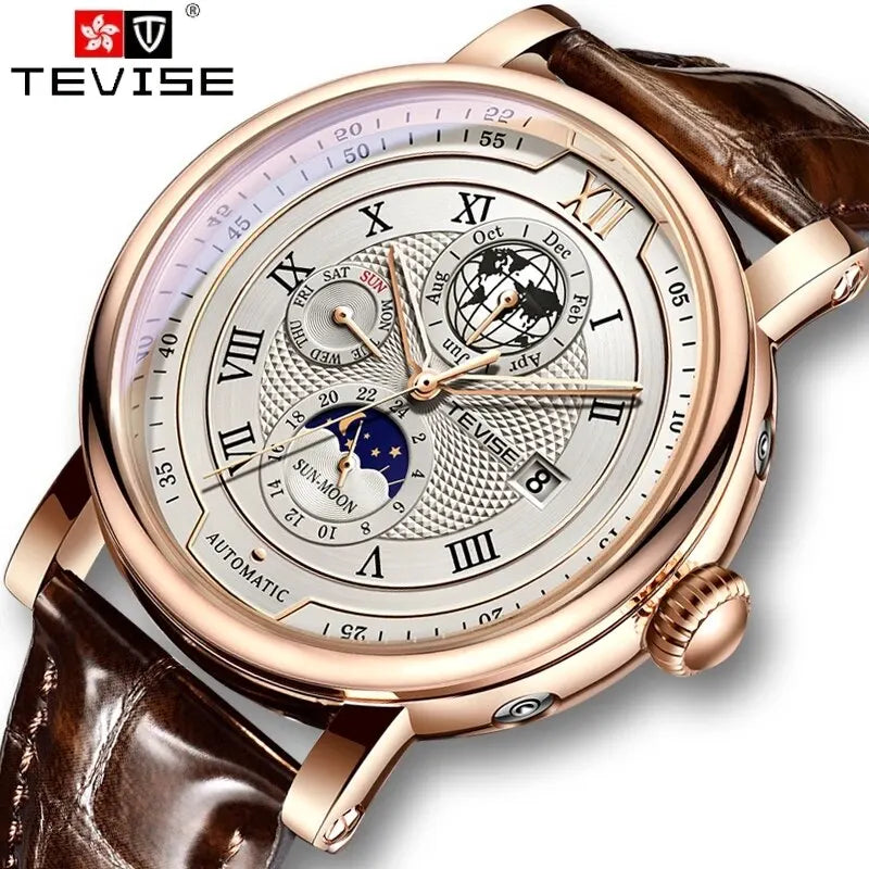 LIGE TW8820 Quality Luxurious Mechanical Leather Belt Watch Waterproof Mechanical - Moon Phase And Automatic With Box