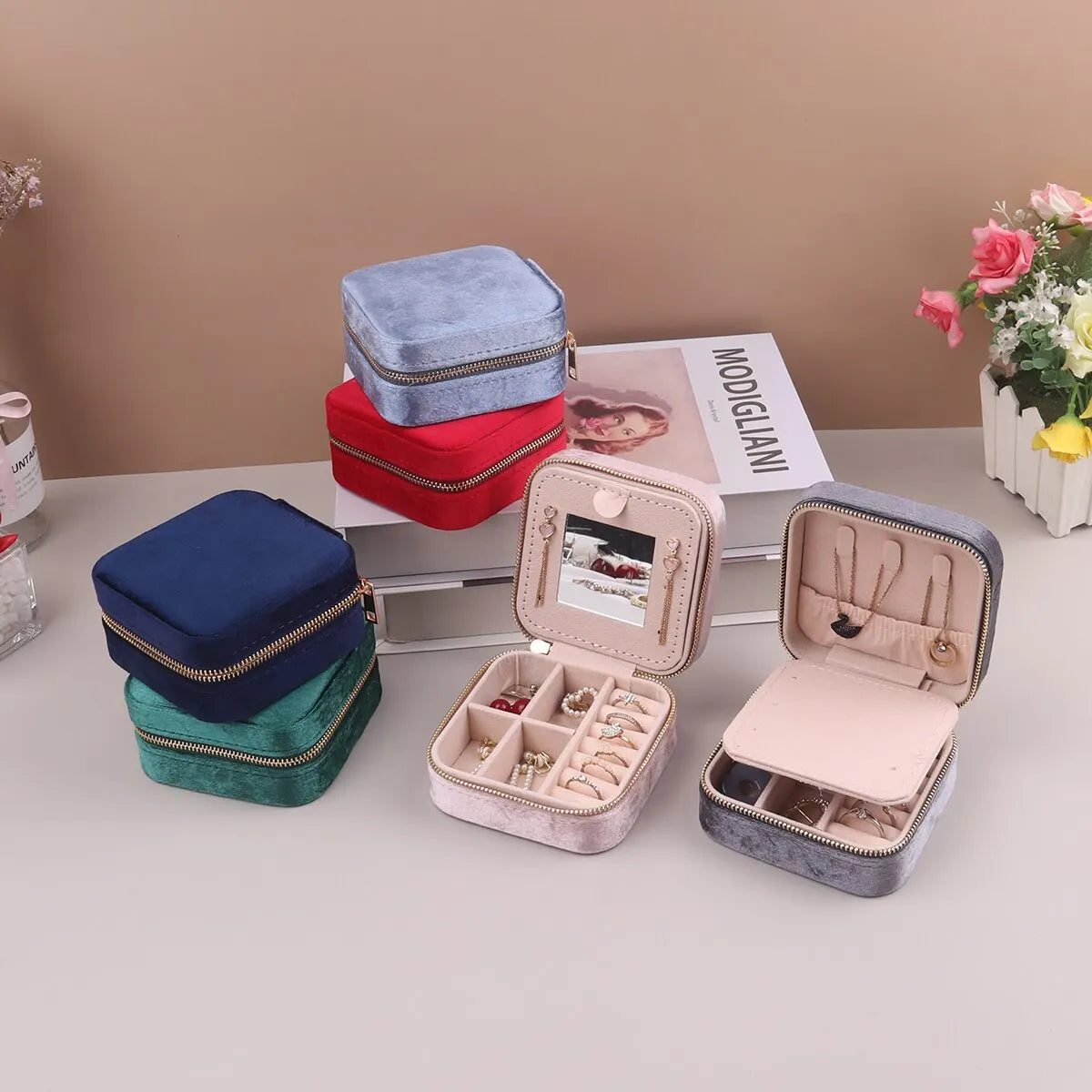 Small Square Portable Flannelette Travel Jewelry Box In Pink. Green, Blue, Light Blue, Red & Grey