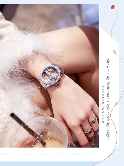 OLEVS Luxury Silver Fully Hollow Out Mechanical Watch for with Diamond