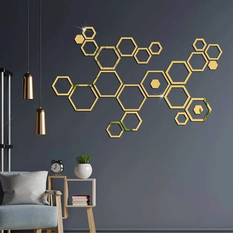 24pcs Hollow 3D Hexagonal Mirror Wall Sticker DIY Honeycomb Decoration Self Adhesive Paper Waterproof