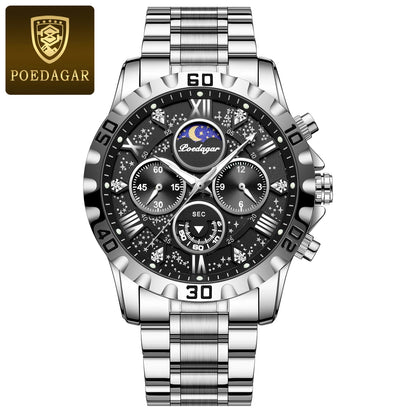 POEDAGAR Luxury Men Stainless Steel Quartz Watch - Waterproof, Luminous, Date&Week