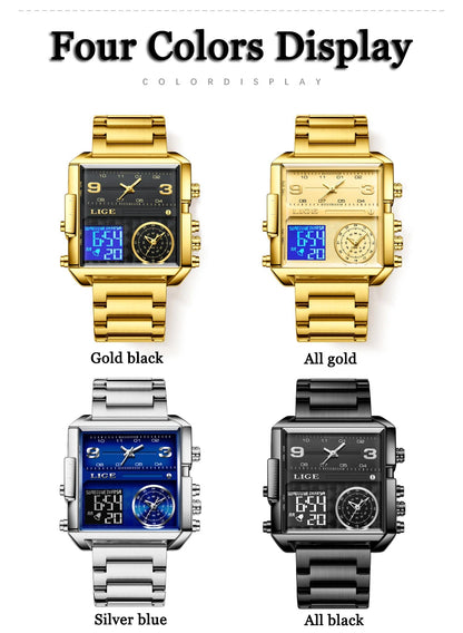 LIGE Quality Luxury Stainless Steel Gold Watch - Quartz Clockwork, Waterproof, Dual Display With Box