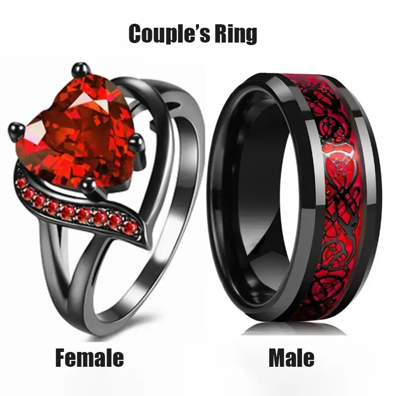 Romantic Stainless Steel Couple Rings With Red Rhinestones Zircon