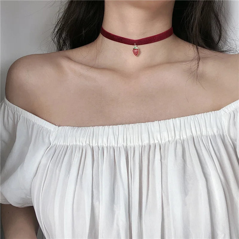 Simple Velvet Chokers Short Black/Red/Pink Clavicle Collar Necklace For Women - Pearl and other shapes