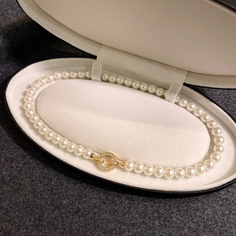 French Elegant Necklace For Women - Zircon Round Buckle Imitation Pearl Beaded Necklace