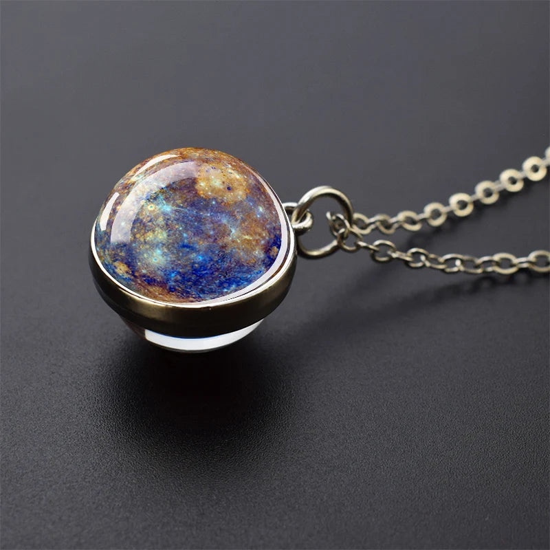 Solar system Two-sided Glass Ball Pendant Necklace For Men & Women