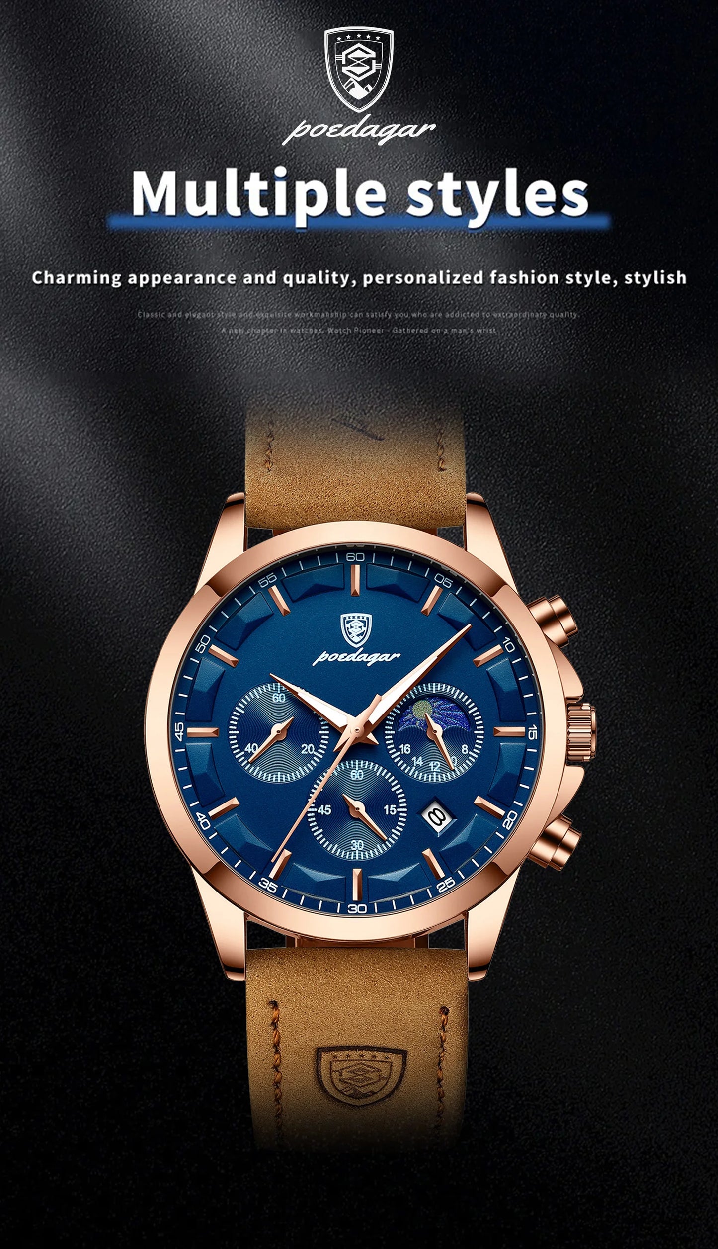 POEDAGAR Luxury leather band Quartz Chronograph Watch - Waterproof, Luminous, Date And Box