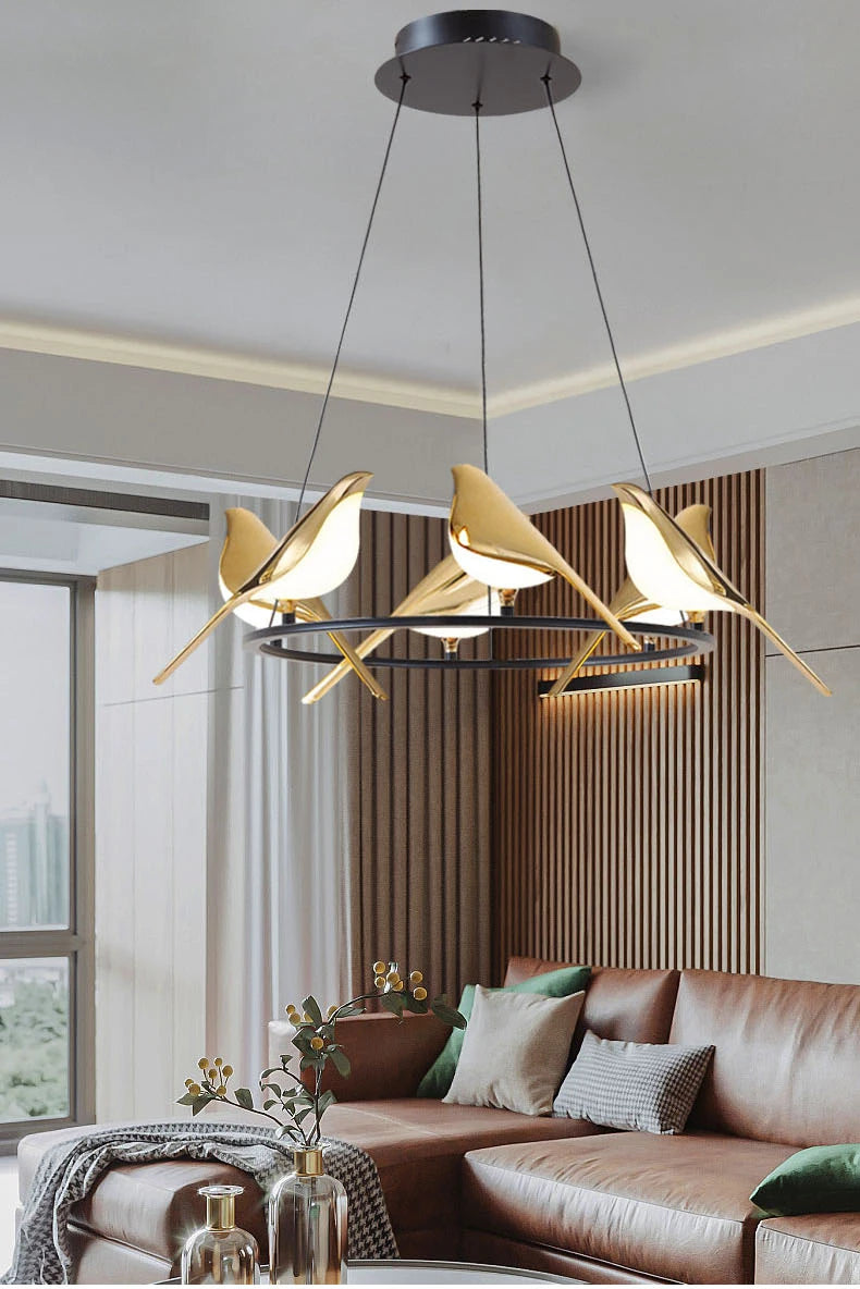 Modern LED Gold Magpie Bird Ceiling Chandelier for Dining Room Ring Light Pendant Lamp Decorative Lighting Lustre Drop Shipping