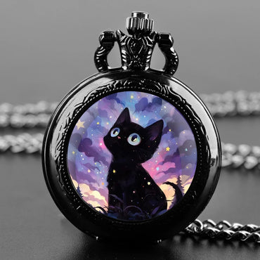 Exquisite Black Cat Glass Dome Quartz Pocket Watch