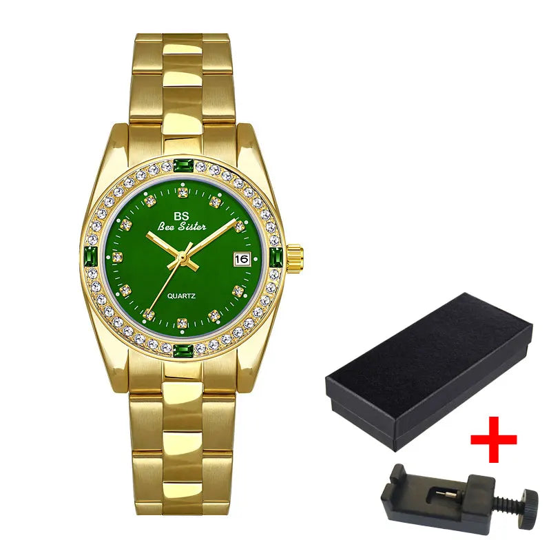 Brand Watch for Women Luxury style Gold/Blue/Green Rhinestone And Waterproof With Steel Strap In Box