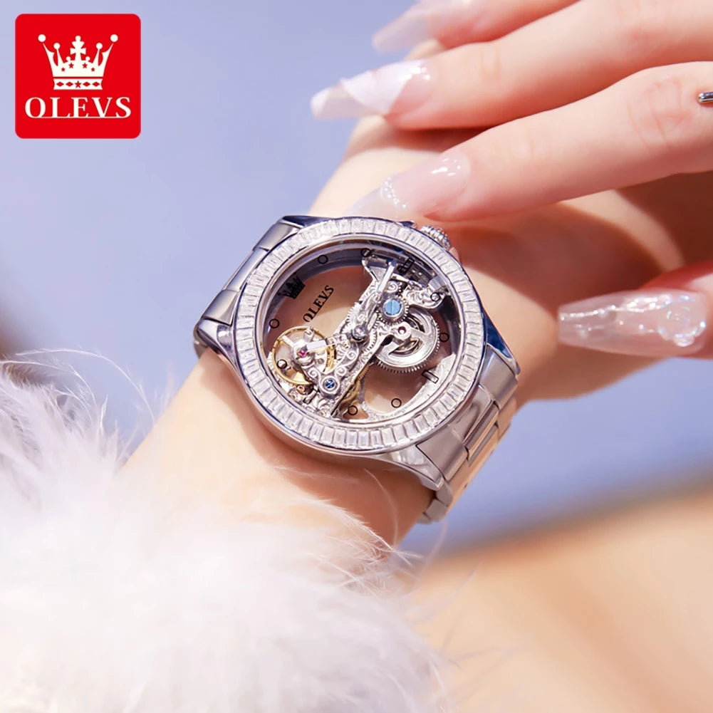 OLEVS Luxury Silver Fully Hollow Out Mechanical Watch for with Diamond