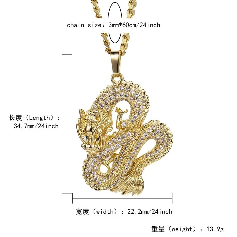 Dragon Gold & Silver Color Zircon Pendant Necklace For Men & Women