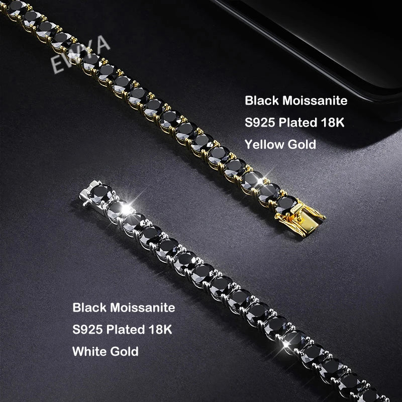 EWYA Real 3/4/5/6.5MM Black Moissanite Diamond Tennis Bracelet for Men & Women - 925 Silver Plated, 18K Gold Link Bracelets