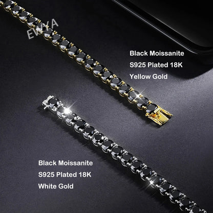 EWYA Real 3/4/5/6.5MM Black Moissanite Diamond Tennis Bracelet for Men & Women - 925 Silver Plated, 18K Gold Link Bracelets