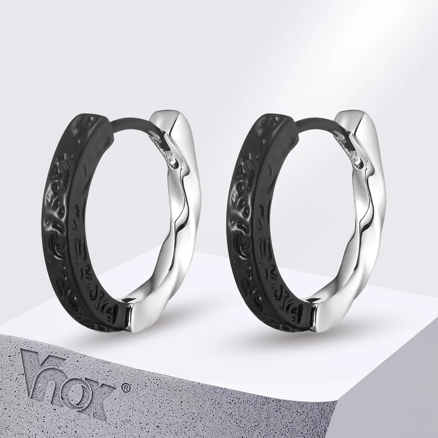 Vnox 1/2PC Stylish Black & Silver Hoop Earrings