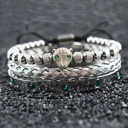 Luxury Set Green Eye Leopard Head Charm Handmade Bracelet