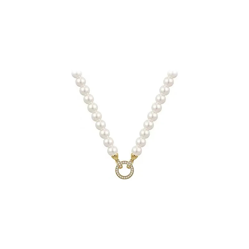 French Elegant Necklace For Women - Zircon Round Buckle Imitation Pearl Beaded Necklace