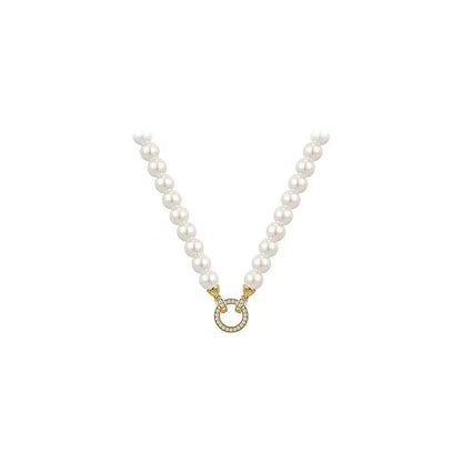 French Elegant Necklace For Women - Zircon Round Buckle Imitation Pearl Beaded Necklace