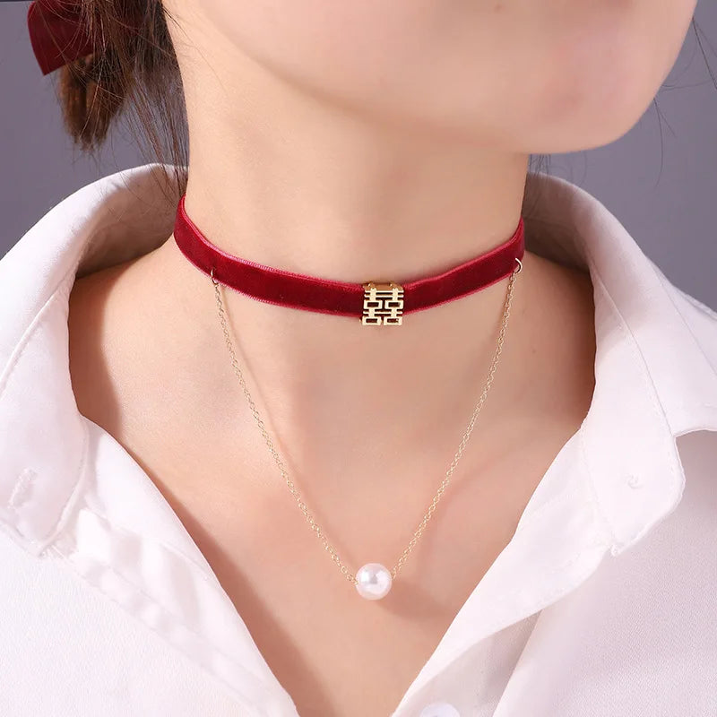 Simple Velvet Chokers Short Black/Red/Pink Clavicle Collar Necklace For Women - Pearl and other shapes