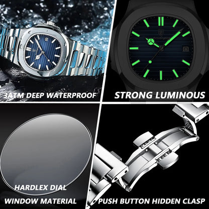 POEDAGAR Luxury style Stainless Steel Quartz Wrist Watch - Waterproof, Luminous, Date And Box