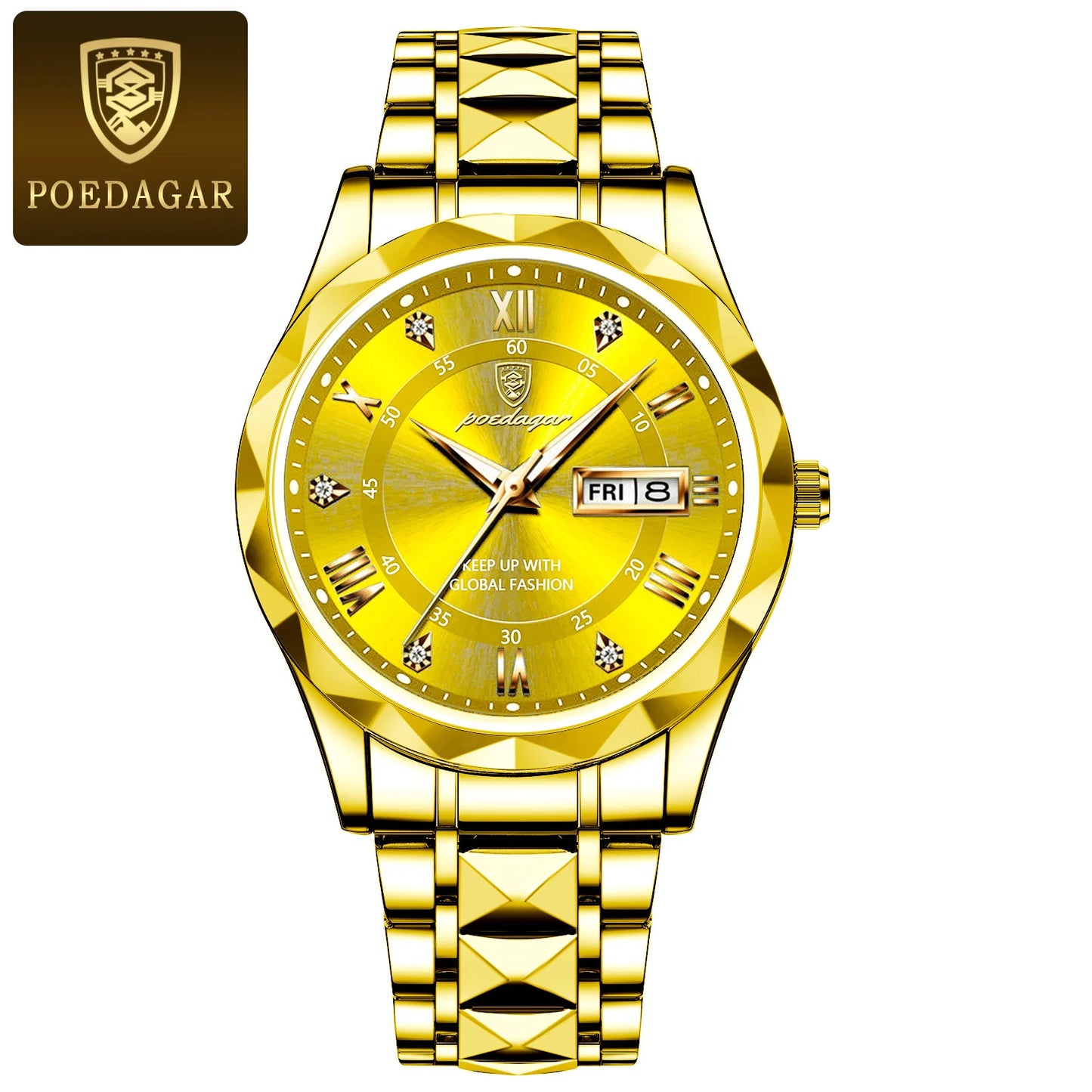 POEDAGAR Luxury Men Stainless Steel Quartz Watch - Waterproof, Date/Week & Luminous Date And Box