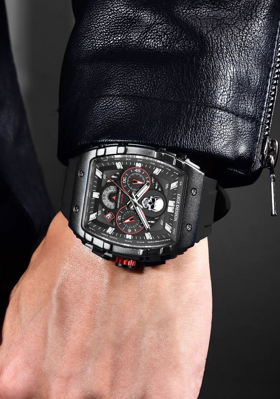 LIGE Quality Luxurious Chronograph Skull watch with Silicone Strap - Luminous, Chronograph, Quartz Clockwork With Box