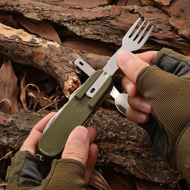 Outdoor 7 In 1 Multifunctional Stainless Steel Foldable Fork Spoon Knife Tableware