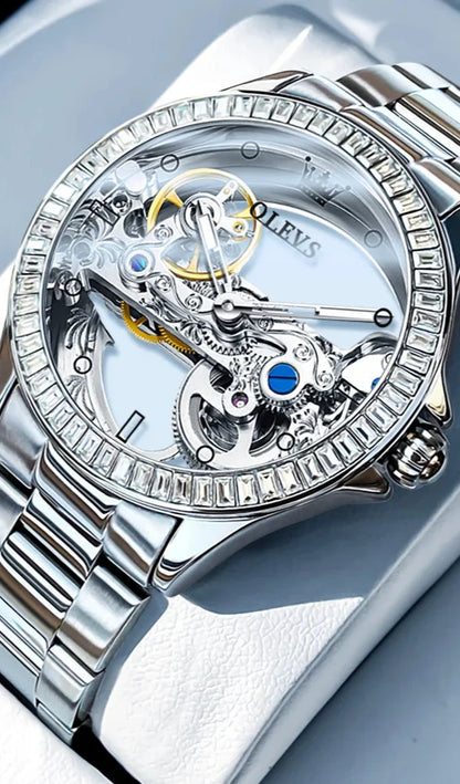 OLEVS Luxury Silver Fully Hollow Out Mechanical Watch for with Diamond