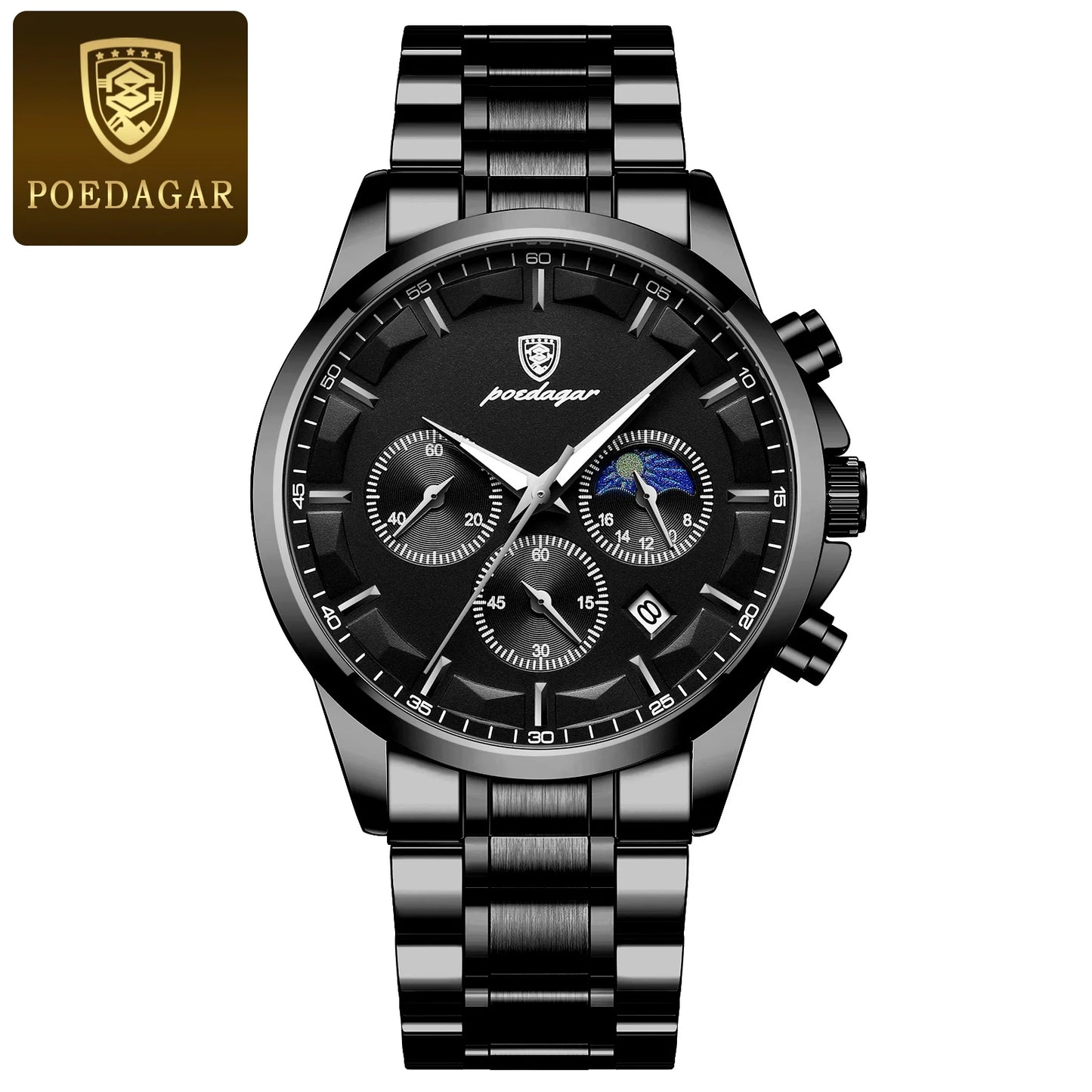 POEDAGAR Luxury leather band Quartz Chronograph Watch - Waterproof, Luminous, Date And Box