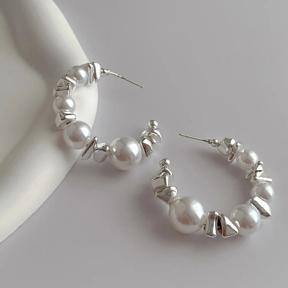 zhenshecai Exquisite C Shape Earrings Irregular Silver Color Beaded & Pearl Semicircular Dangle Earrings