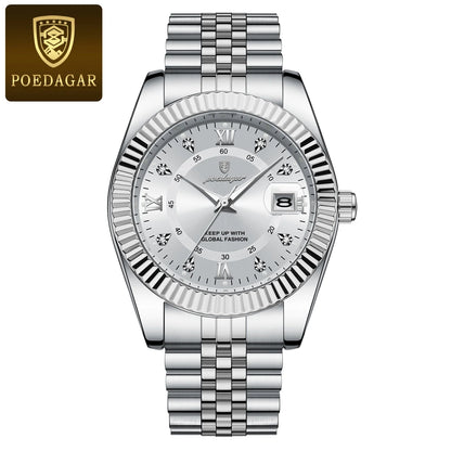 POEDAGAR Luxury style Stainless Steel Quartz Wrist Watch - Waterproof, Luminous, Date And Box