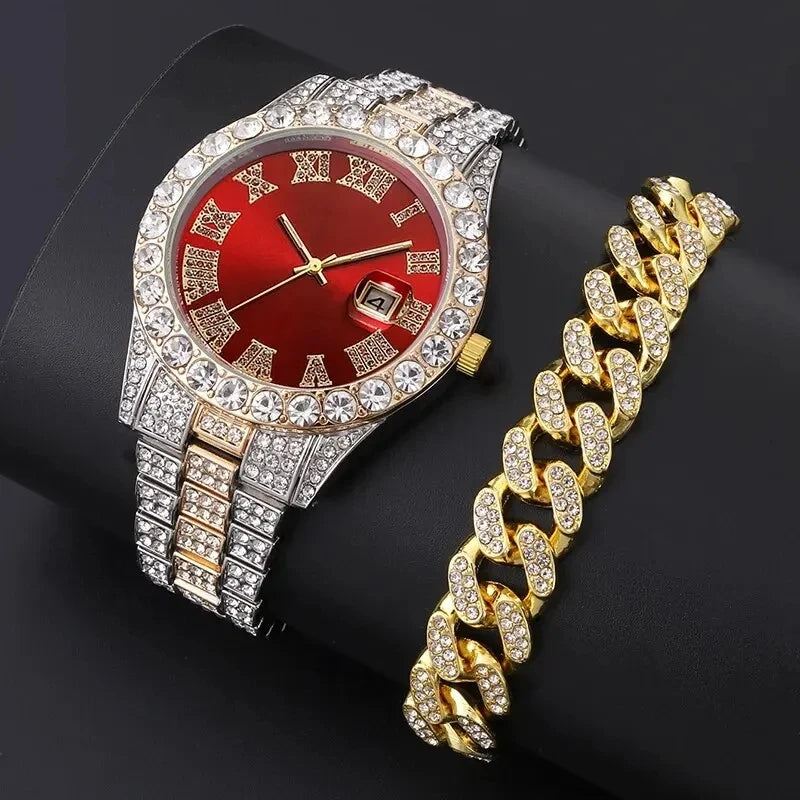 2pcs Luxury style Diamond Wristwatch with Quartz clockwork and Bracelet set