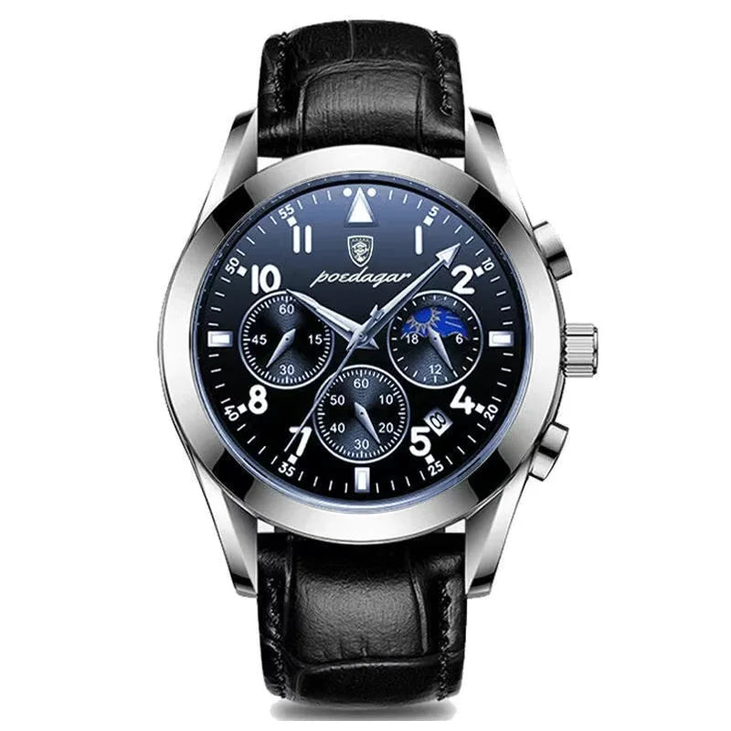 POEDAGAR Luxury Stainless Steel & Leather Chronograph Quartz Watch - Luminous, Waterproof, Date And Box