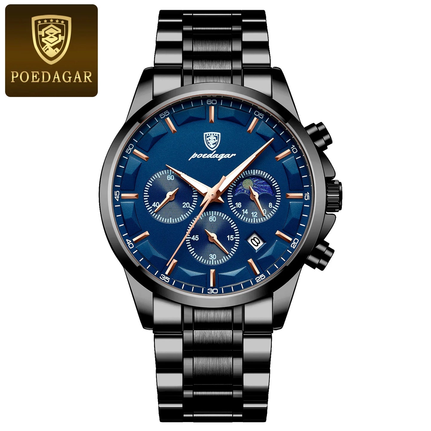 POEDAGAR Luxury Stainless Steel Quartz Chronograph Watch - Waterproof, Luminous, Date And Box