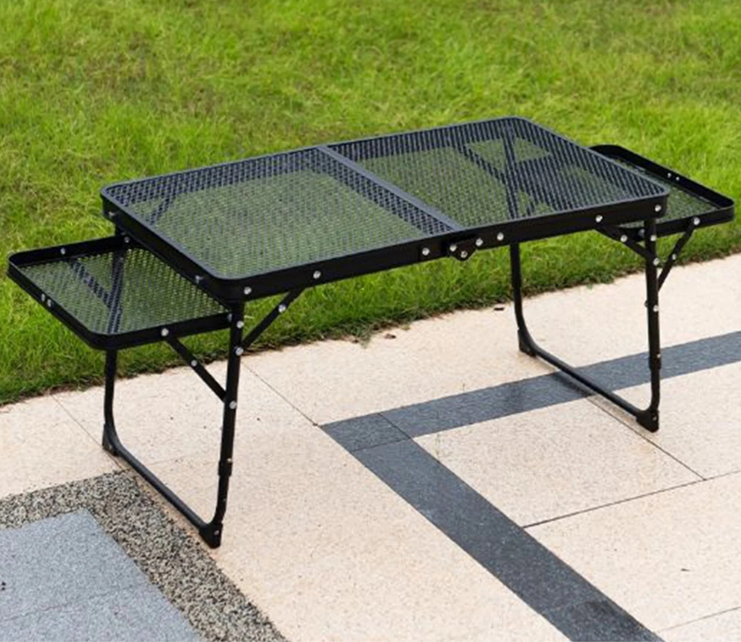 Outdoor Portable Iron Mesh Folding Table With Lifting Extention Shelf