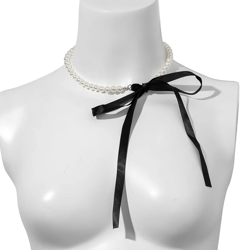 Trendy Long Multi Colour Party Ribbon Choker Necklace For Women With Elegant White Imitation Pearl