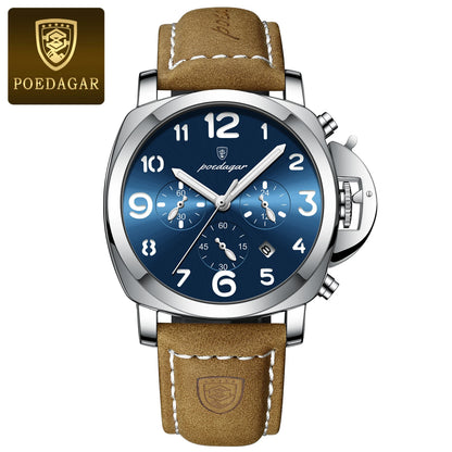 POEDAGAR Luxury Leather Chronograph Quartz Watch - Luminous, Waterproof, Date And Box