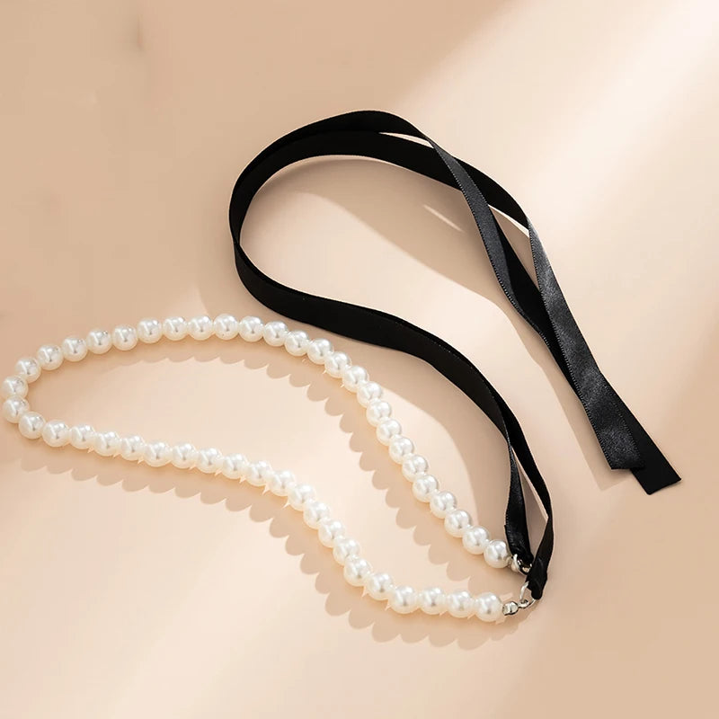 Trendy Long Multi Colour Party Ribbon Choker Necklace For Women With Elegant White Imitation Pearl