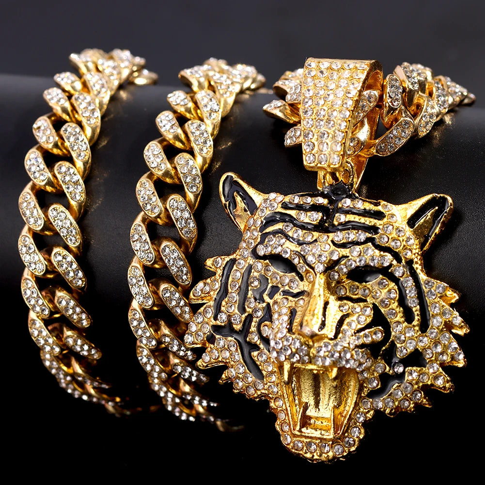 Tiger Pendant Stainless Steel Iced Out Necklace