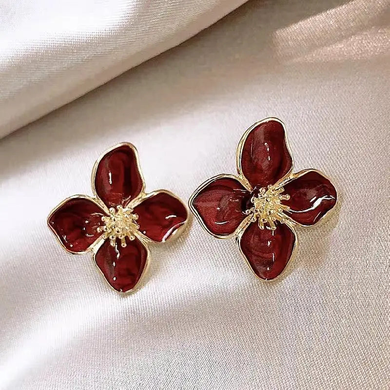 Luxury Delicate Drip Glaze Red, Green & White Flower Earrings