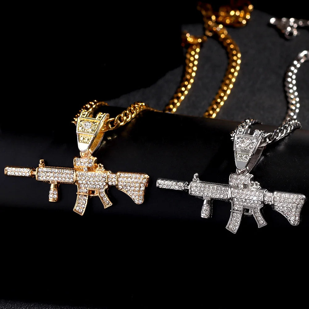 PEZDEMAR Iced Out Crystal M16 Gun Pendant With Chain Or Cuban Necklace